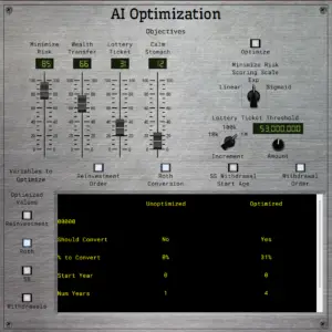 AI optimization module with objective faders and progress display