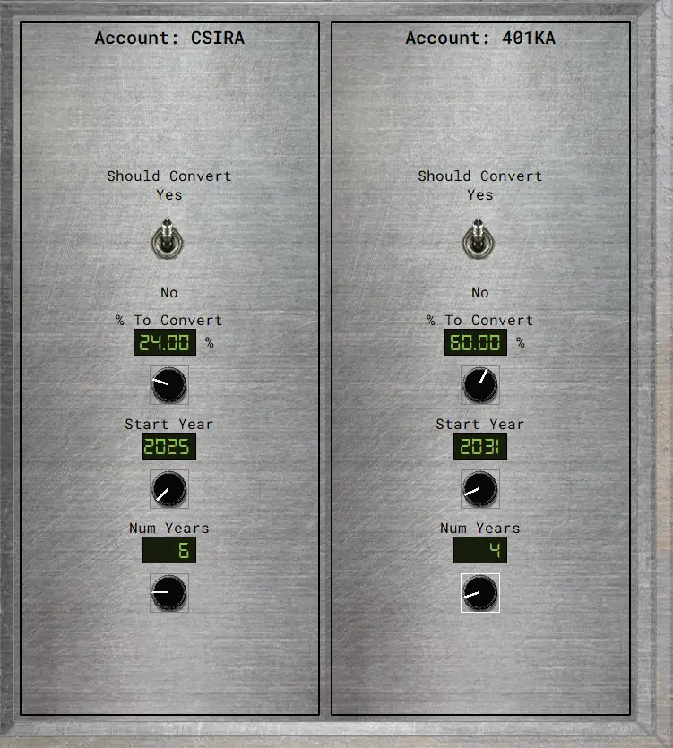 Roth conversion strategy configuration screen